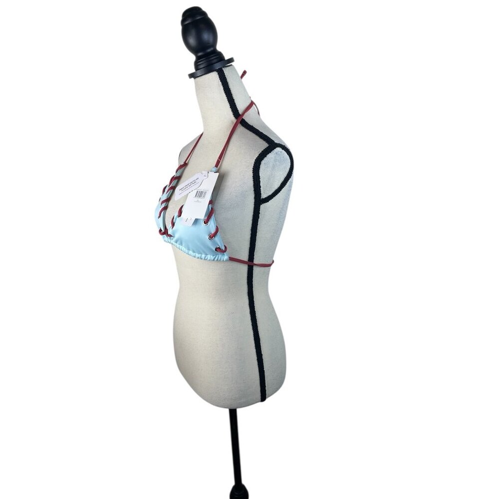 With Jéan Juni Bikini Top Baby Blue & Red Lace-Up Recycled Fabric Adjustable Hal - Picture 5 of 7